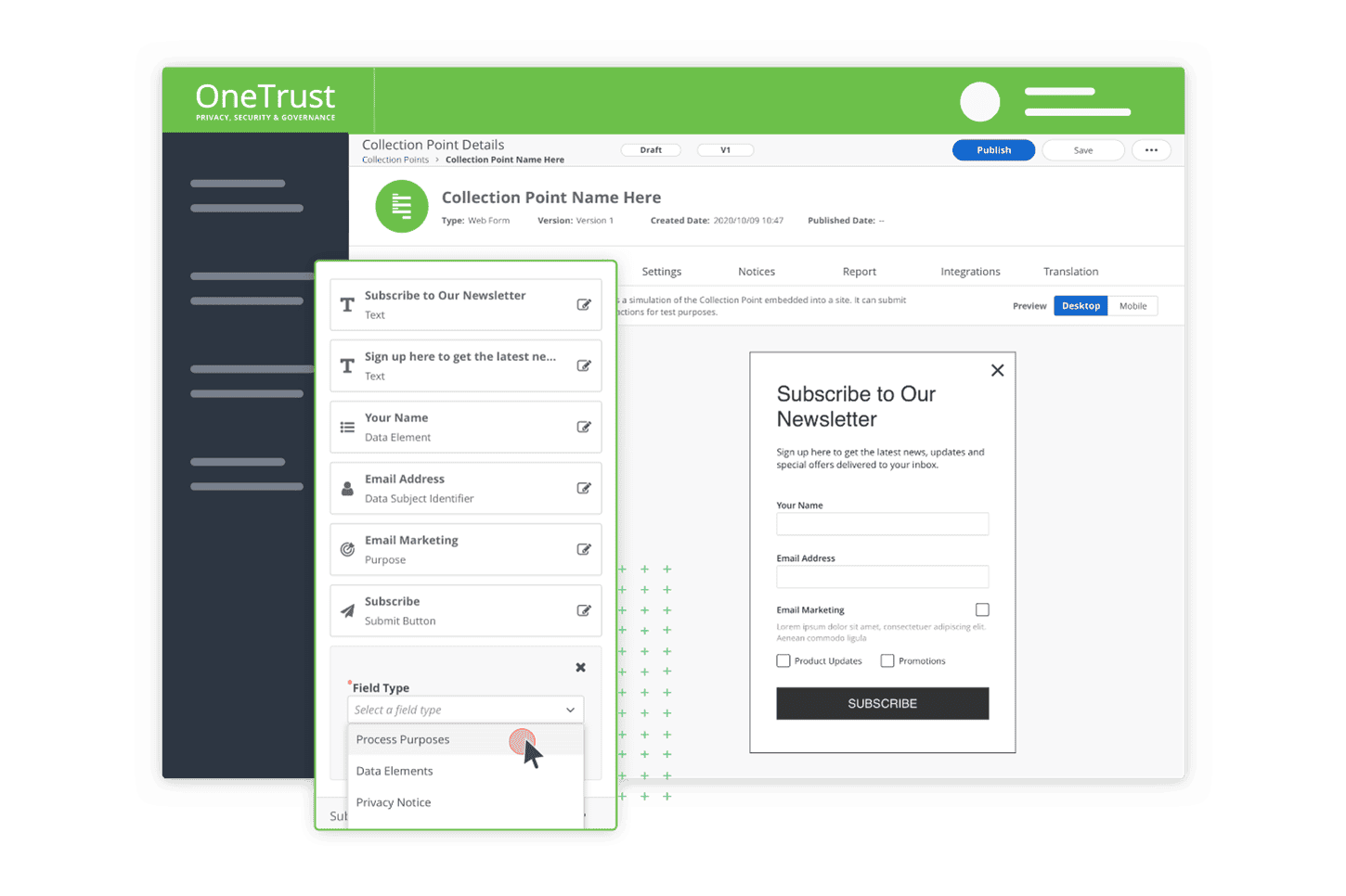 Screenshot of the onetrust platform collection point details screen