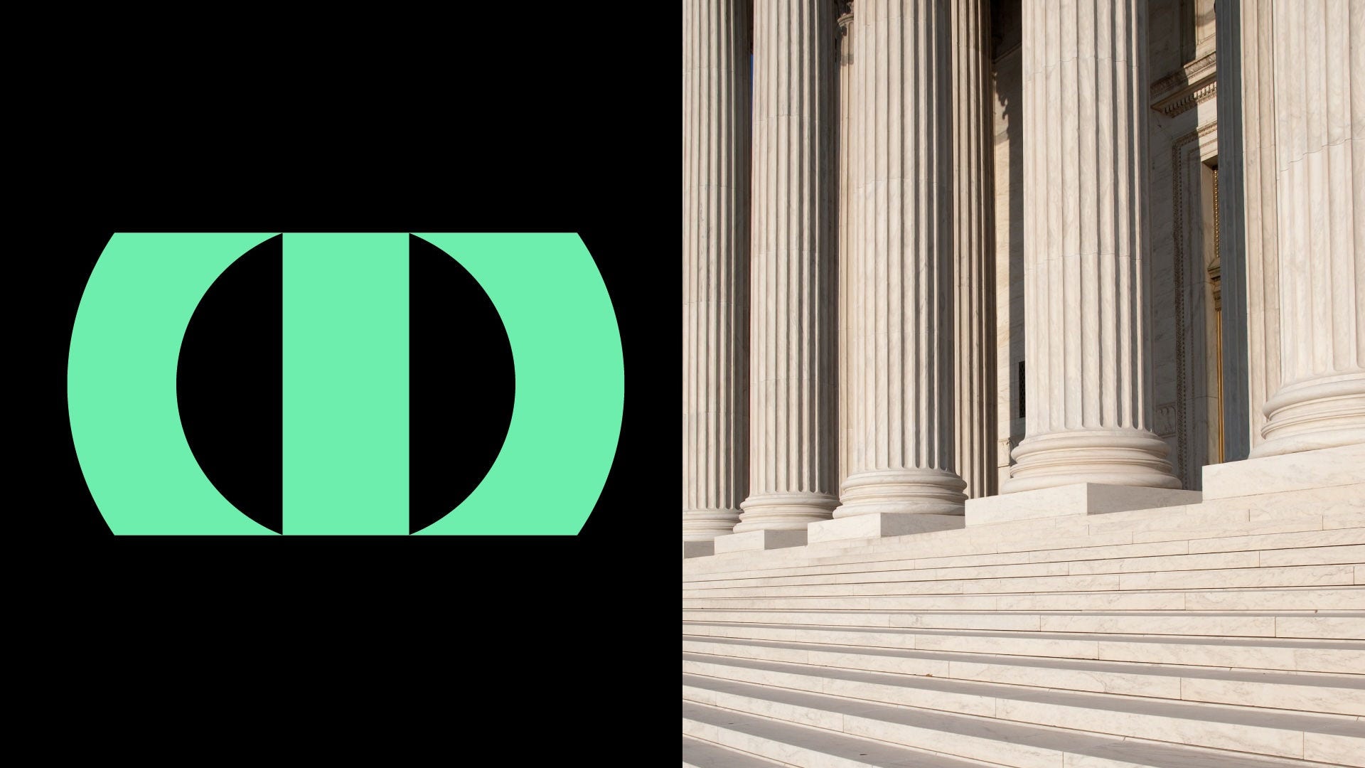 Decorative graphic of a green geometric logo on a black background next to a photo of large stone courthouse columns and steps, representing regulatory enforcement or legal oversight.