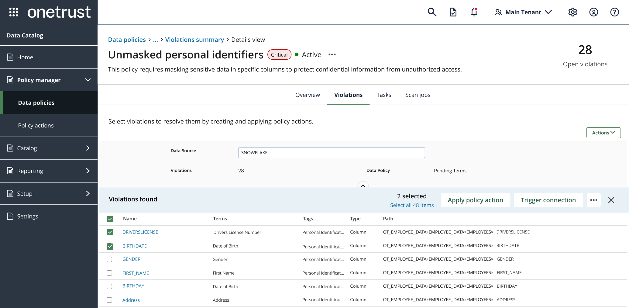 Screenshot of the Data Governance violations summary page