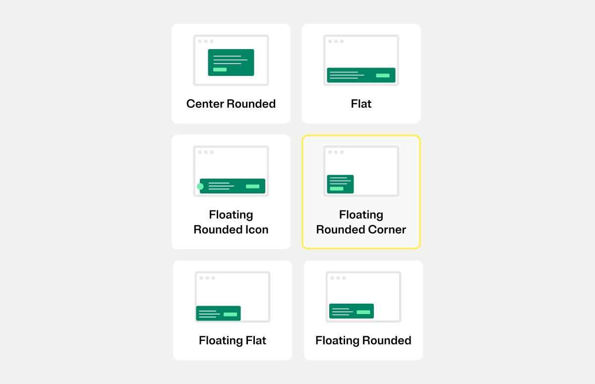 The image shows a grid of six user interface card layout styles on a light background. Each card contains a simple browser window mockup with green content blocks and different positioning and corner treatments. The styles are labeled Center Rounded, Flat, Floating Rounded Icon, Floating Rounded Corner, Floating Flat, and Floating Rounded. One card, Floating Rounded Corner, is highlighted with a yellow border to emphasize selection.